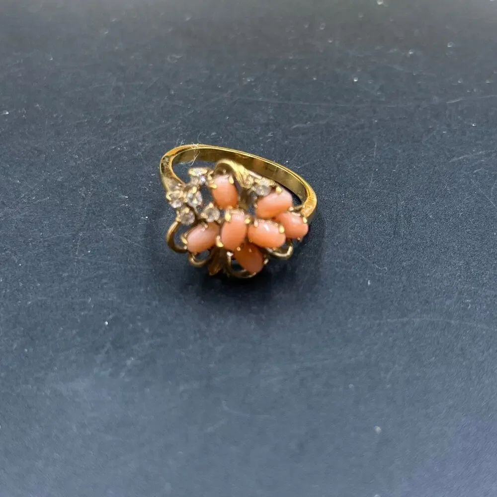 Vintage Cocktail Floral Cluster Ring Coral Cabochon Gold Tone
